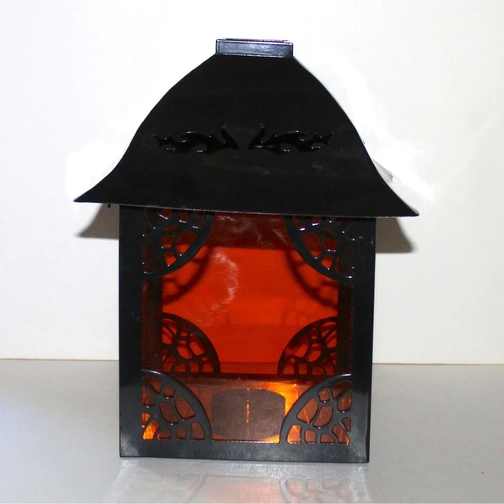 Large Lantern Skull and Bones black metal orange halloween goth decor 10